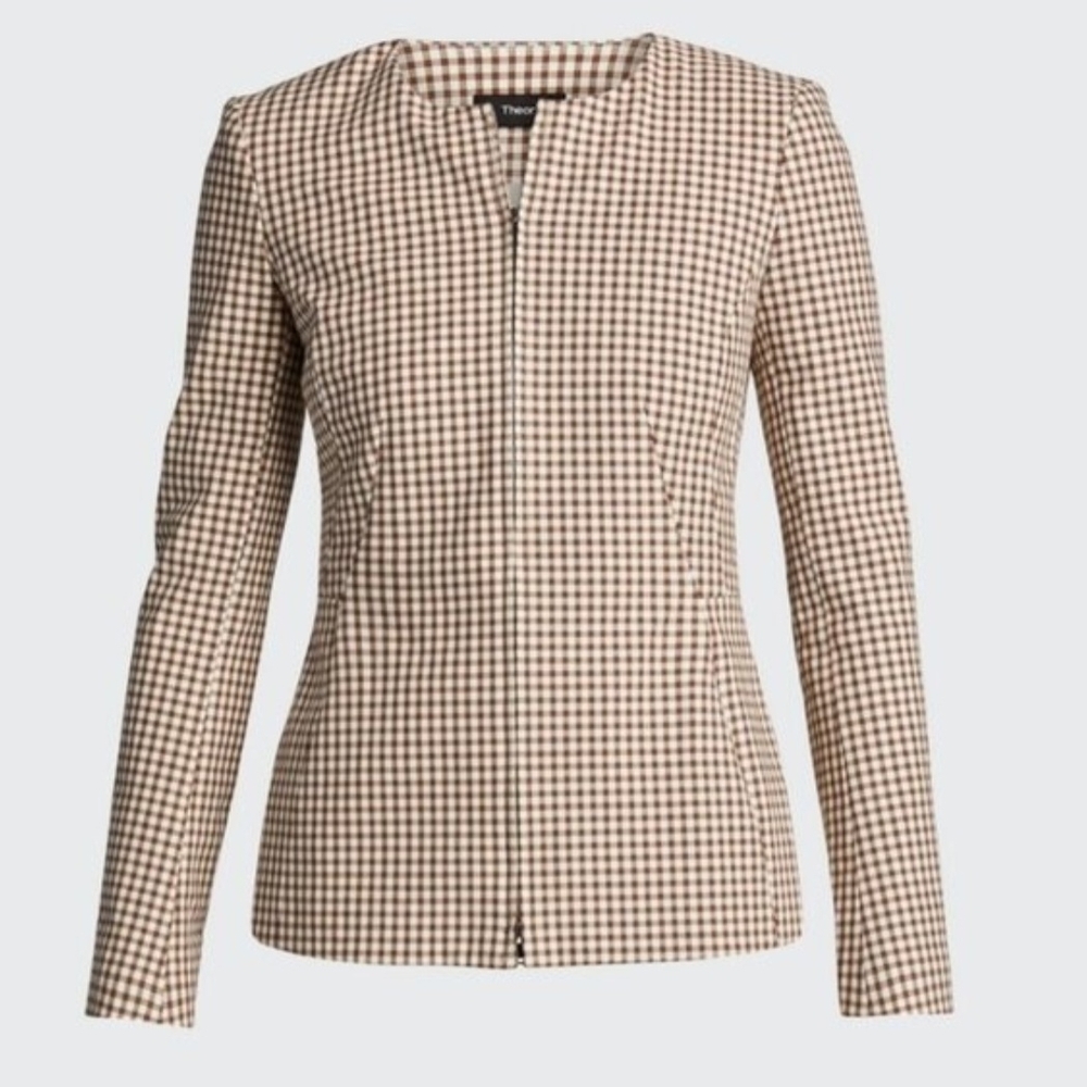 NEW Theory Checked Jacket Blazer Size 4 Brown Minimalist Business Casual Luxury - Picture 3 of 10